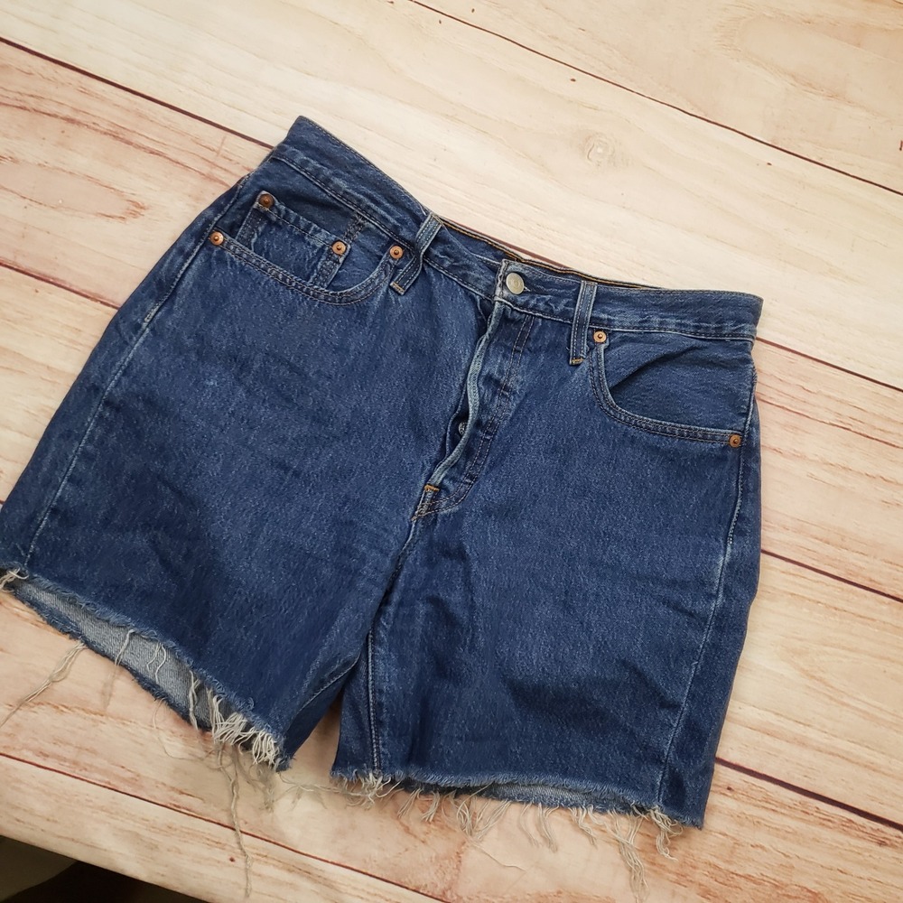 Levis 501 Shorts Womens 29 Blue High Rise Button Fly Denim Cut Off Medium Wash - Picture 2 of 10